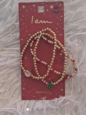 I AM Christmas Bracelet Set Gold & Red Beads Holiday Elastic Charm Bracelet